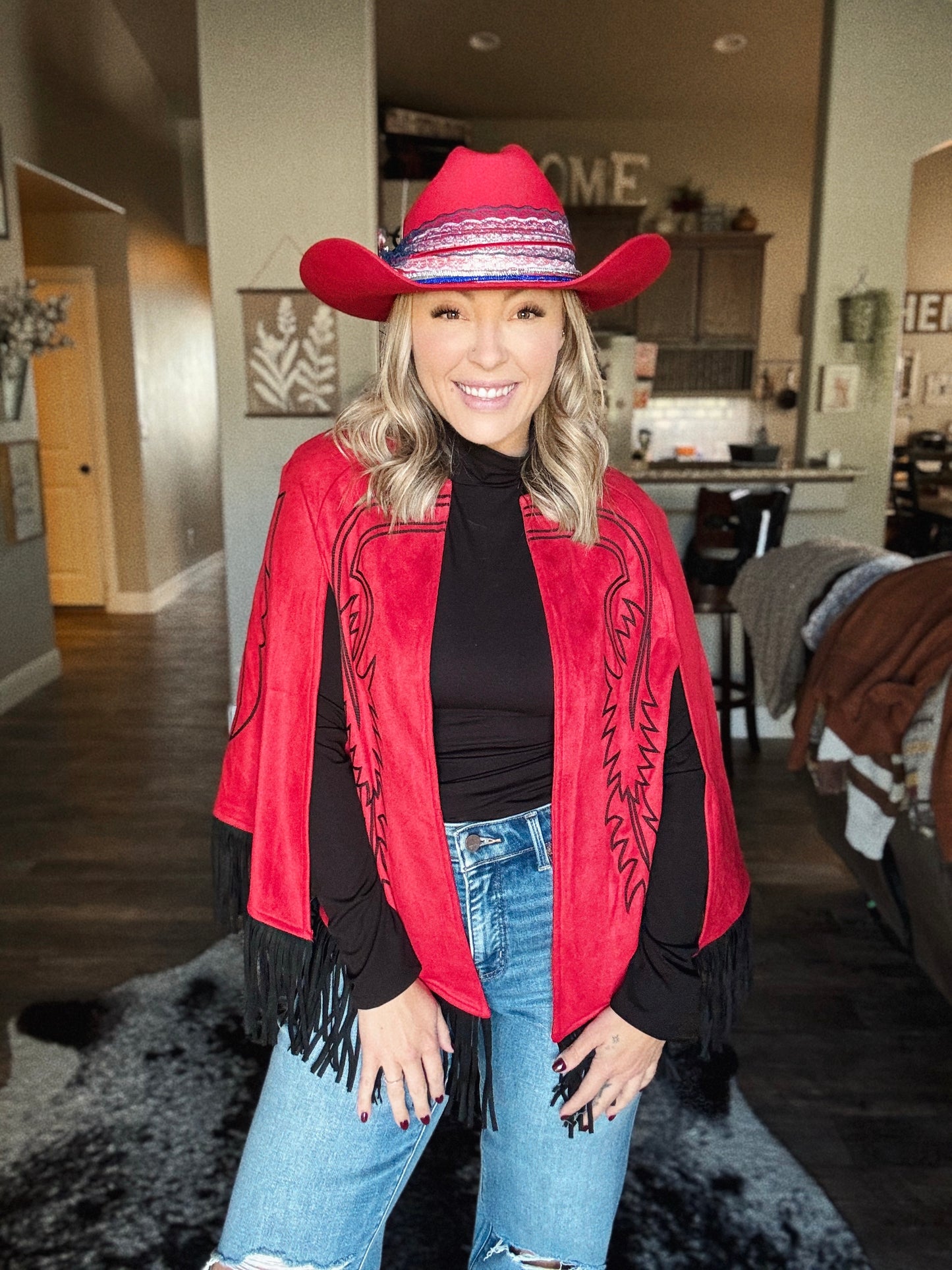 Red Suede Boot Stitch Fringe Vest