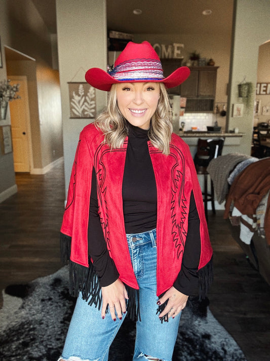Red Suede Boot Stitch Fringe Vest