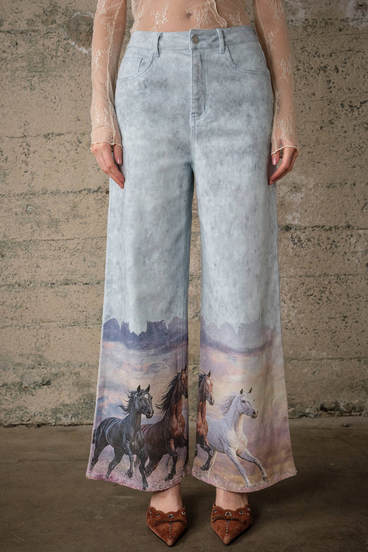 Western Horse Print Wide Leg Jeans - Light Wash