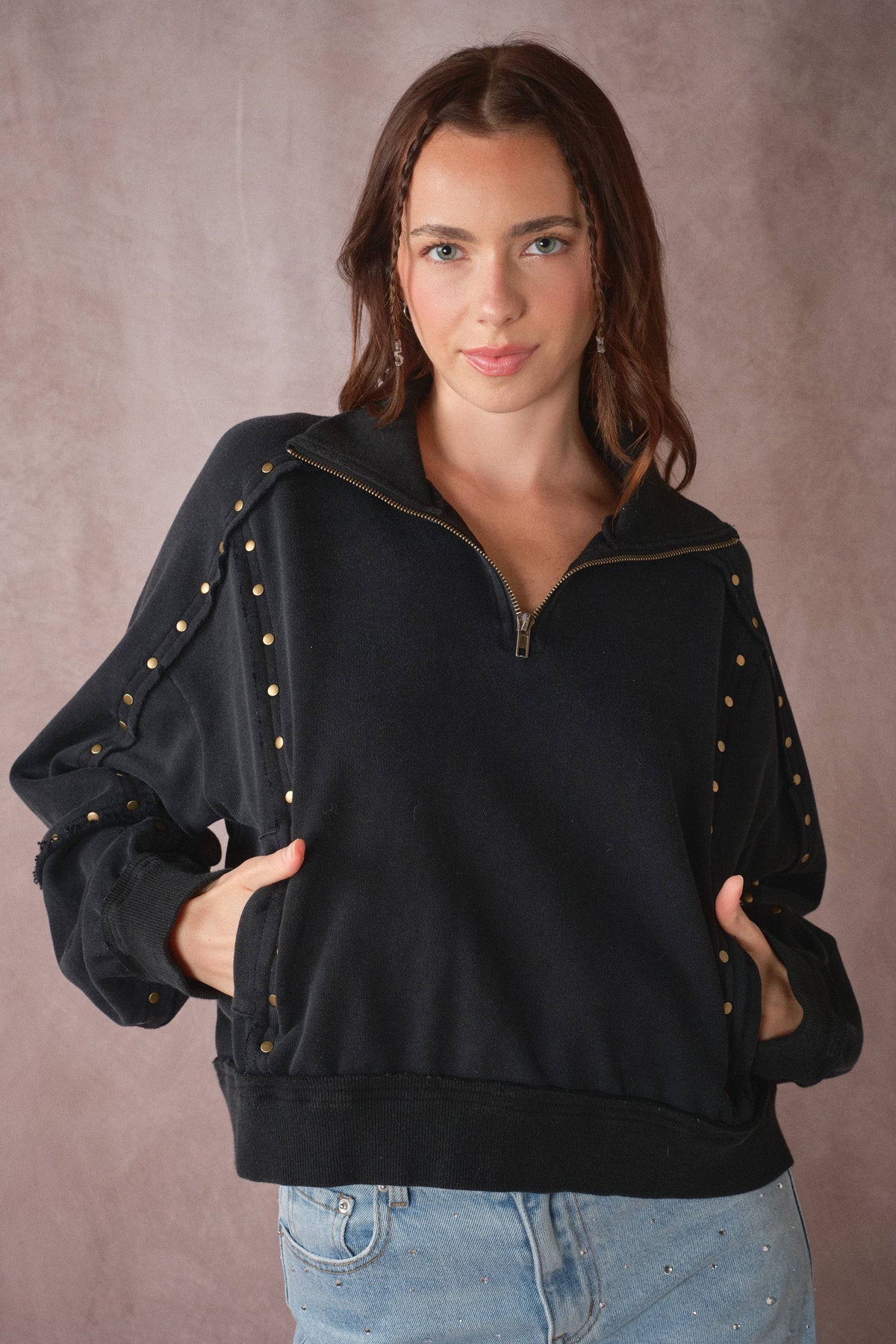Studded Half-Zip Sweatshirt - Black