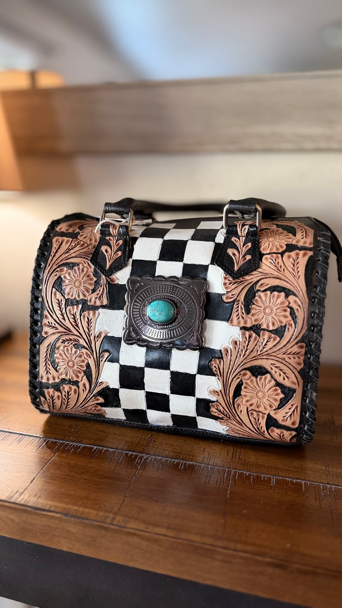 Checkered Tooled Leather Speedy Bag