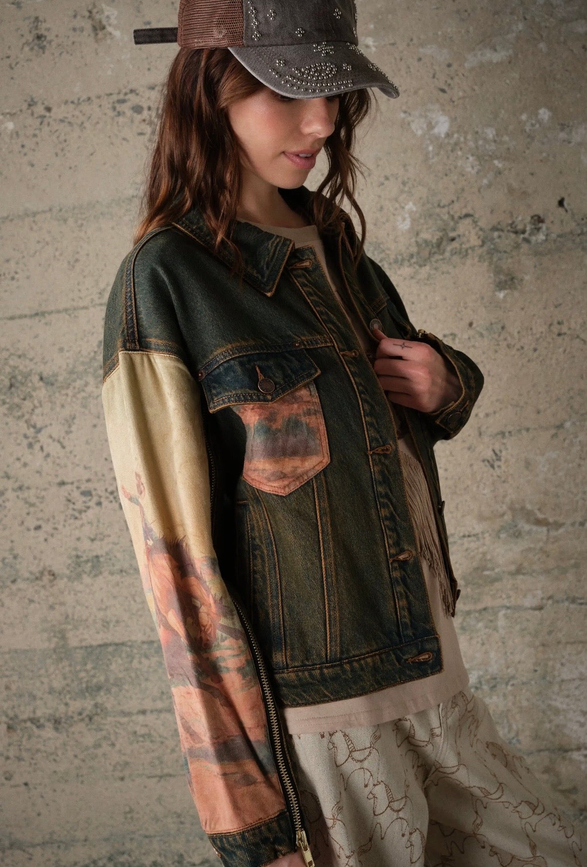 Western Print Mix Denim Jacket