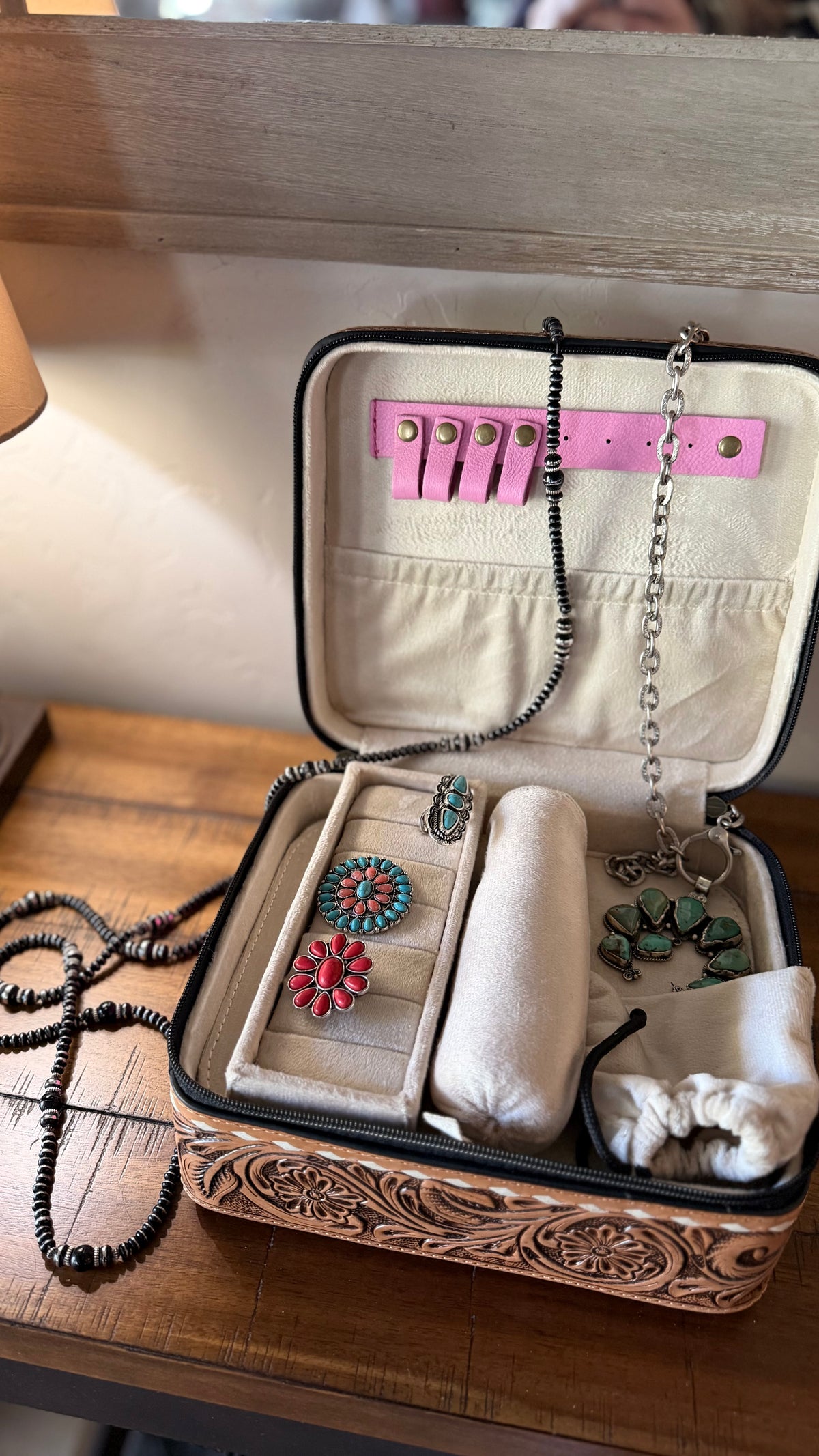 Pink Boot Stitch & Tooled Leather Jewelry Box