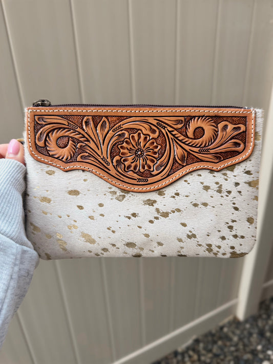 Lexie Cowhide Wristlet Western Purse Bag - White + Gold