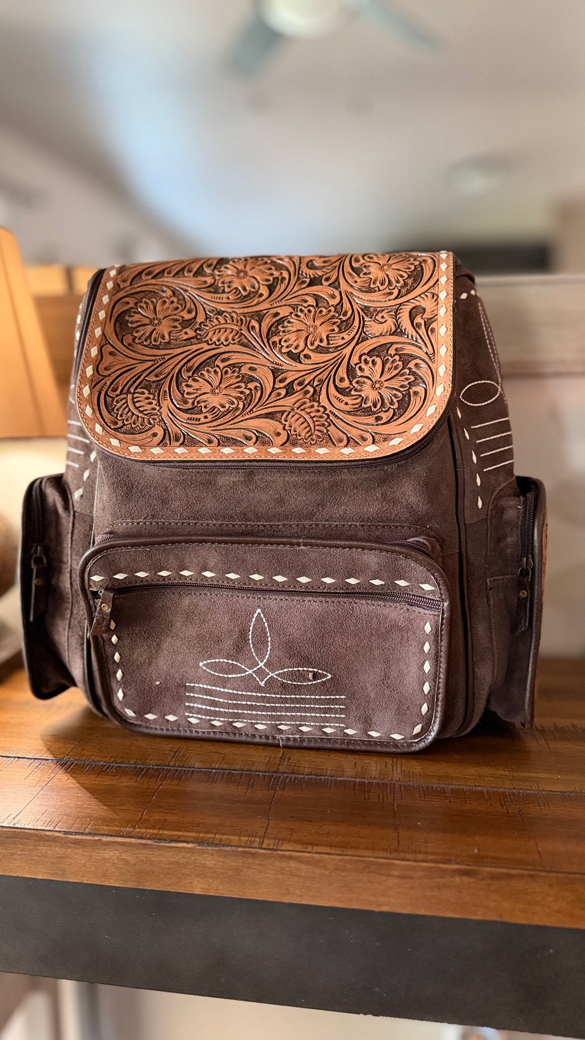 Chocolate Suede Boot Stitch Backpack