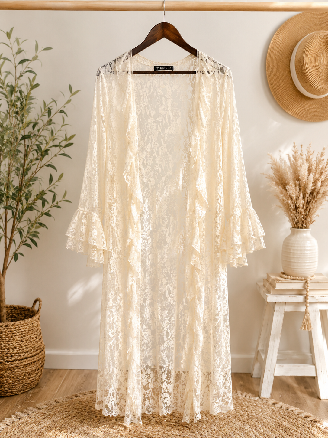 Ruffle Vintage Front Tie Duster - White