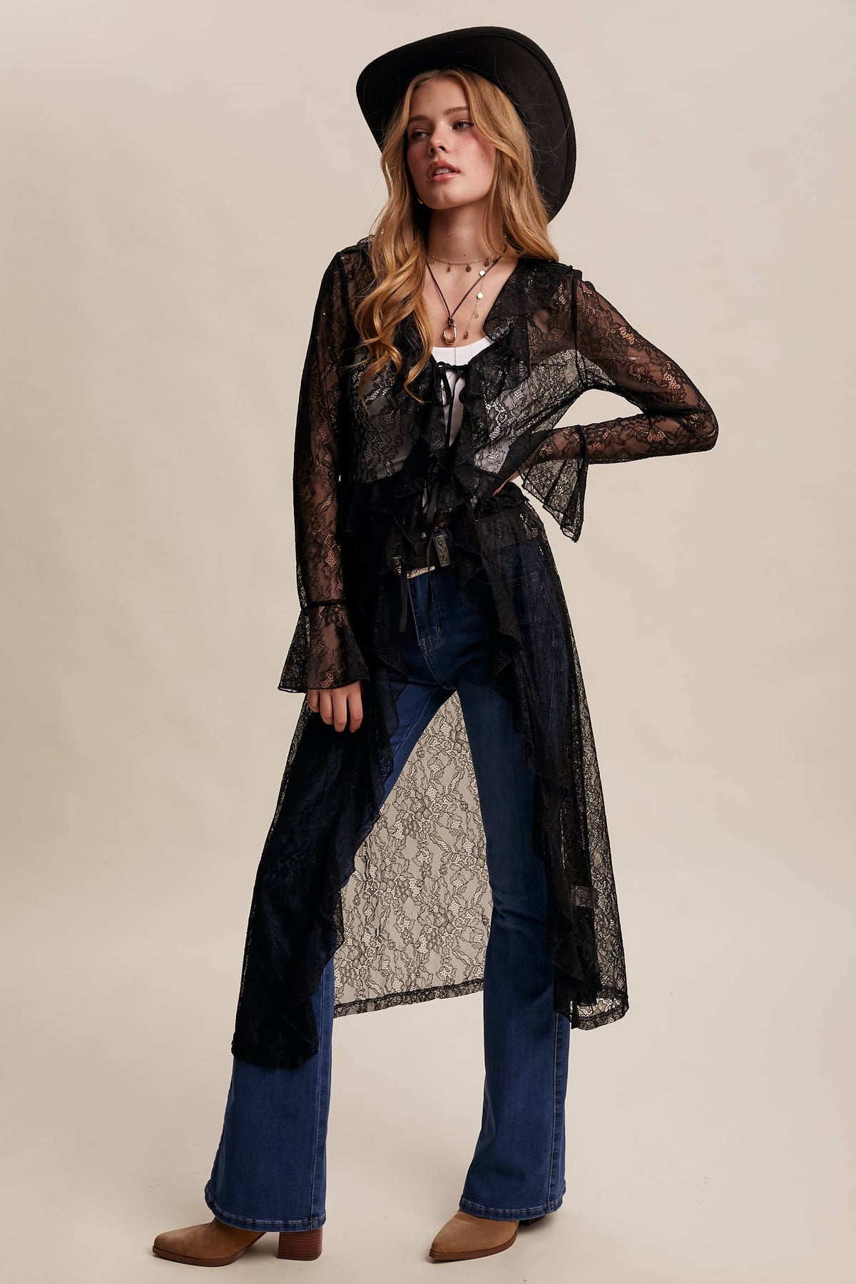 Sheer Lace Ruffle Duster - Black