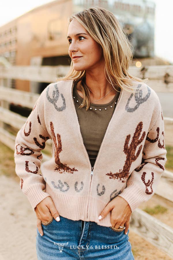Western Cactus & Horseshoe Knitted Zip-Up Sweater - Beige
