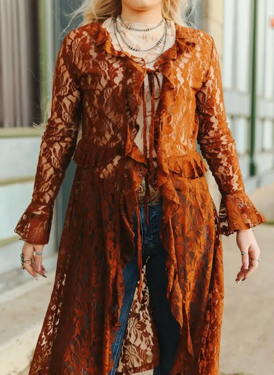 Ruffle Vintage Front Tie Duster - Brown