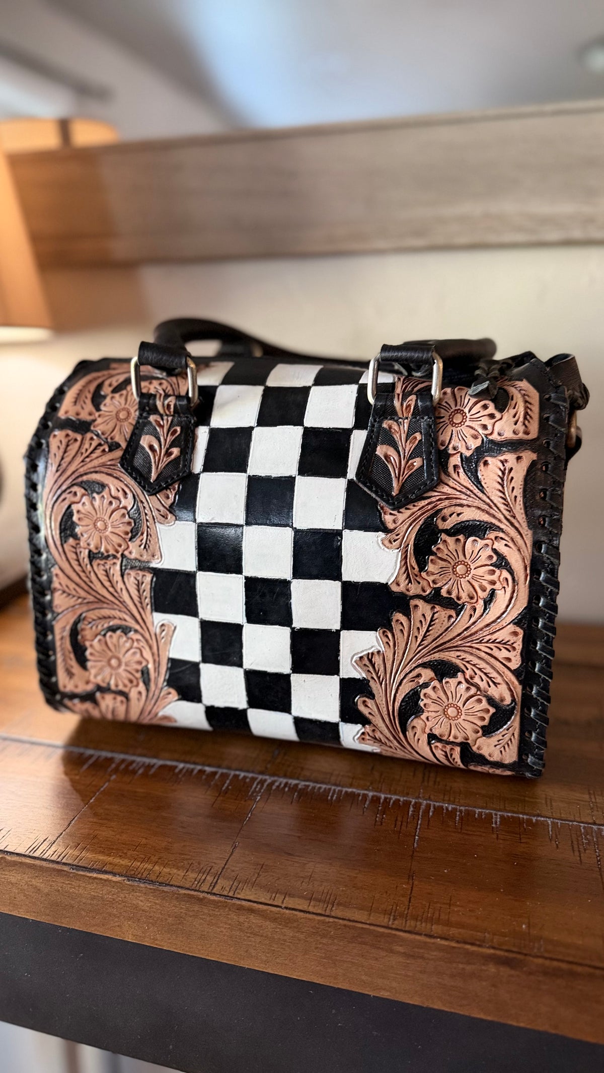 Checkered Tooled Leather Speedy Bag