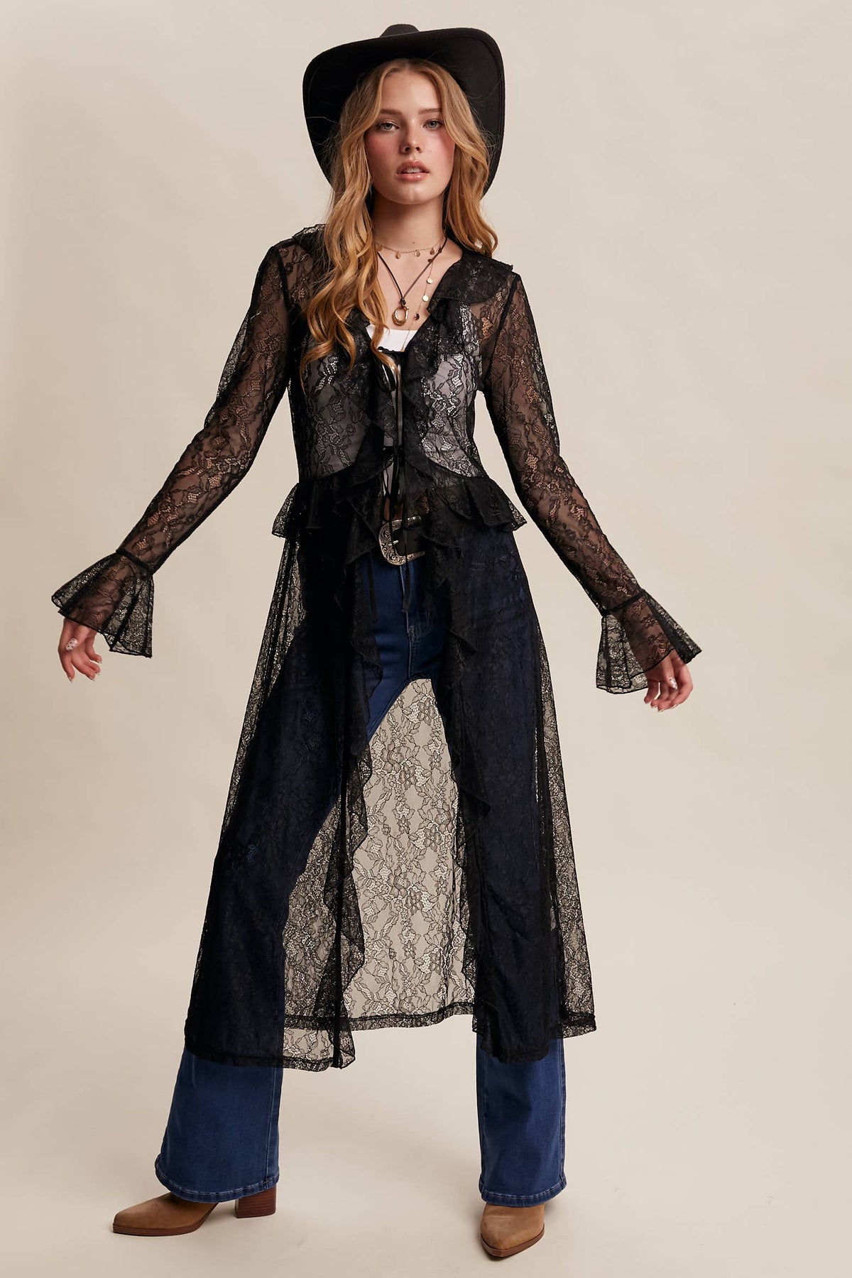 Sheer Lace Ruffle Duster - Black