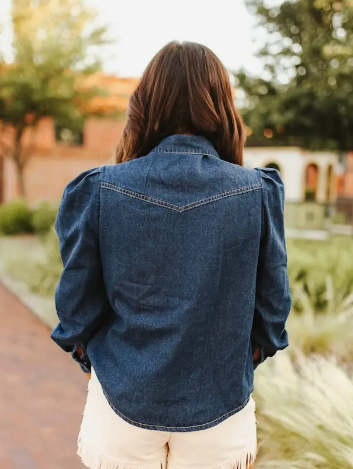 Dark Wash Denim Puff Sleeve Button Up