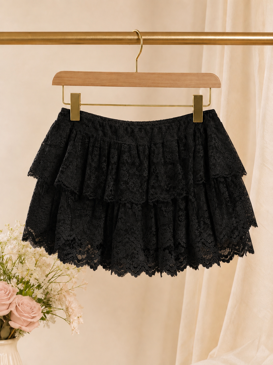 Lace Ruffle Mini Skort - Black