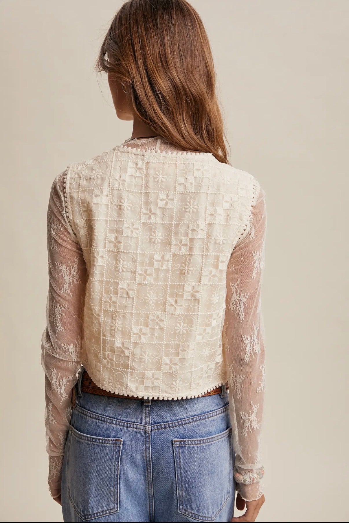 Embroidered Lace Tie Front - Cream