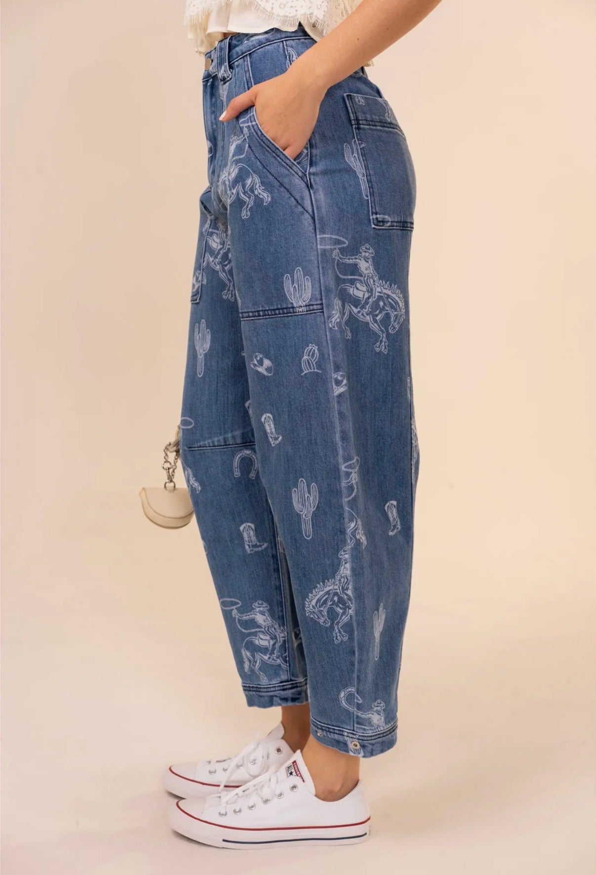 Western Print Barrel Leg Denim Jean