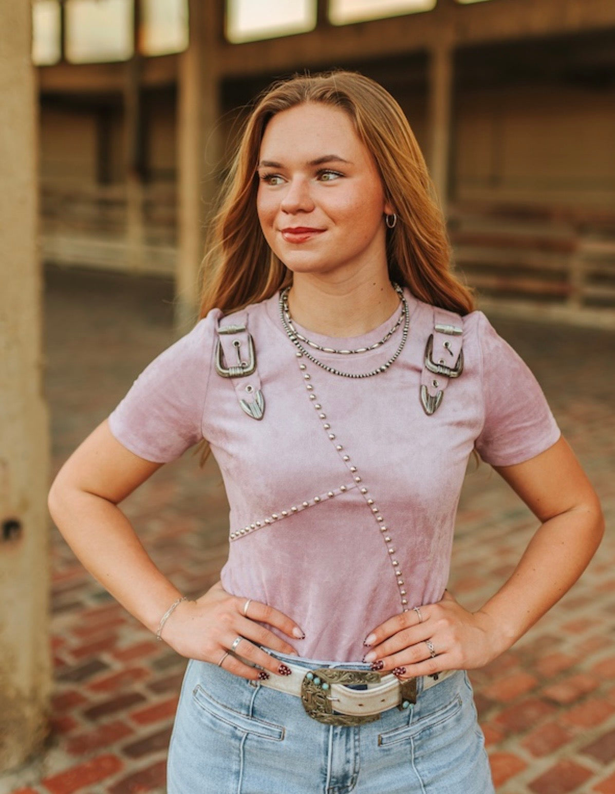 Studded Western Buckle Bodysuit - Soft Pink