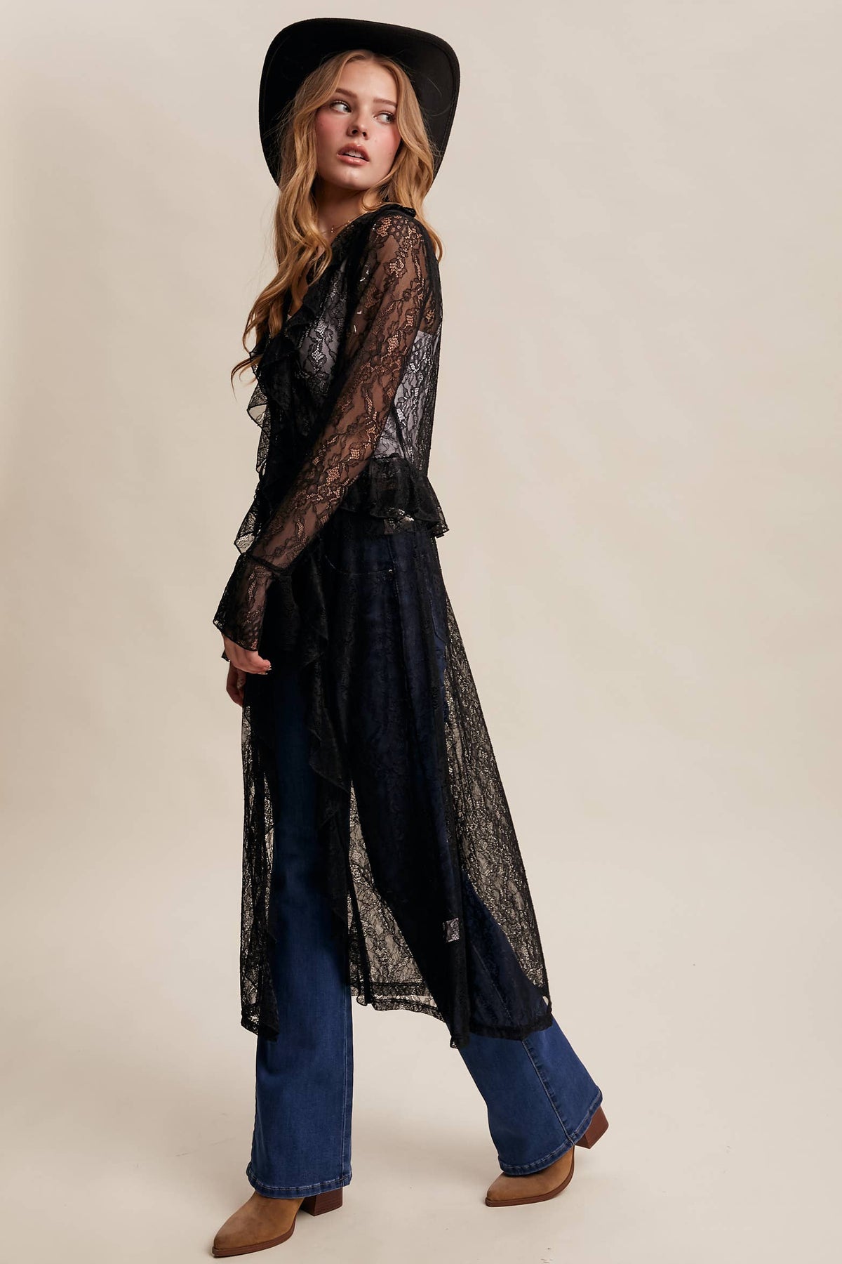Sheer Lace Ruffle Duster - Black