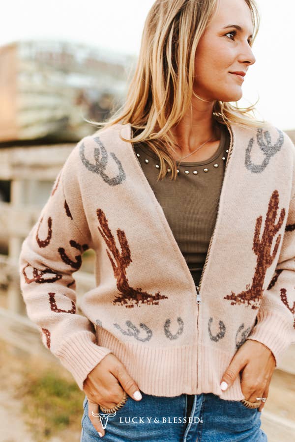 Western Cactus & Horseshoe Knitted Zip-Up Sweater - Beige