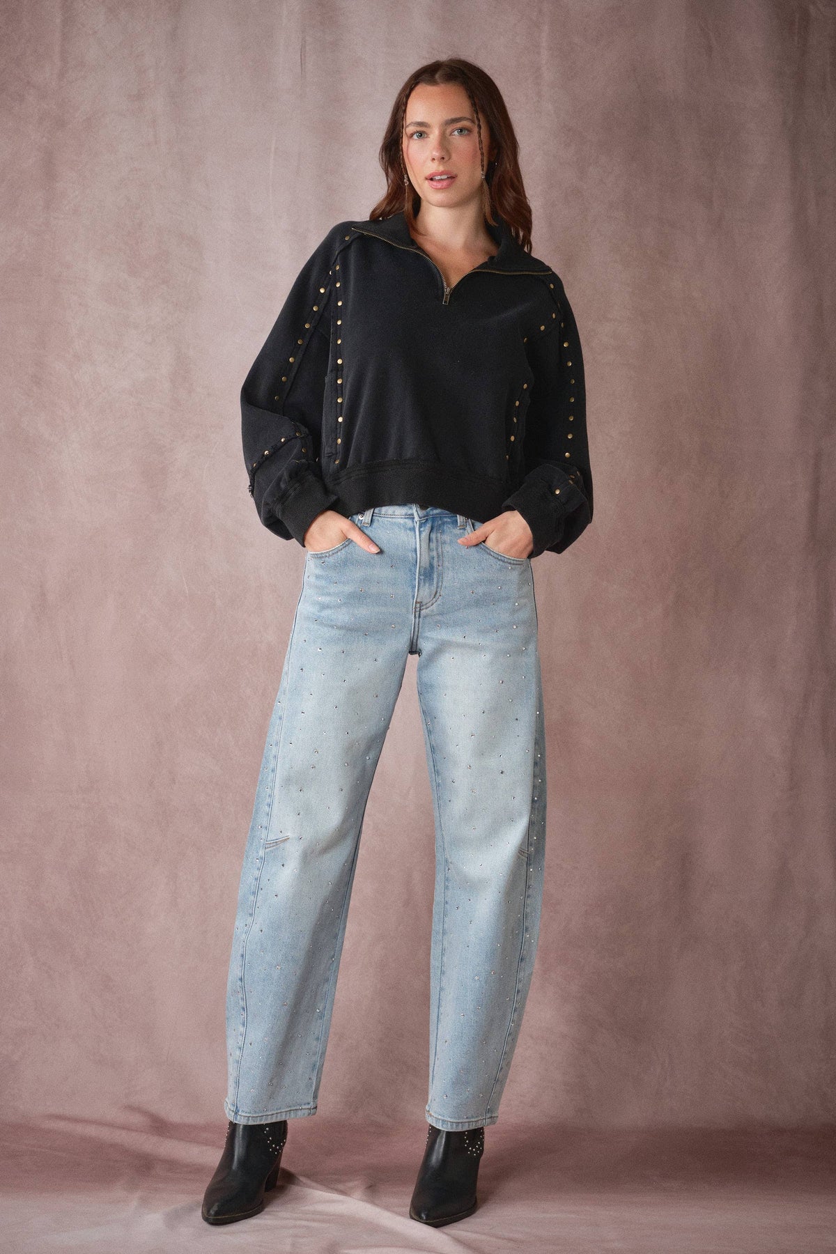 Studded Half-Zip Sweatshirt - Black