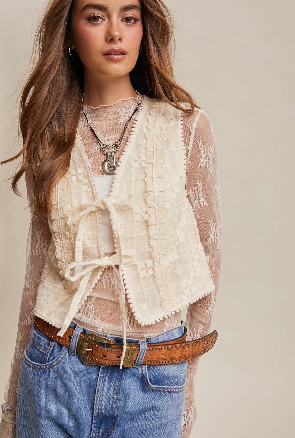 Embroidered Lace Tie Front - Cream