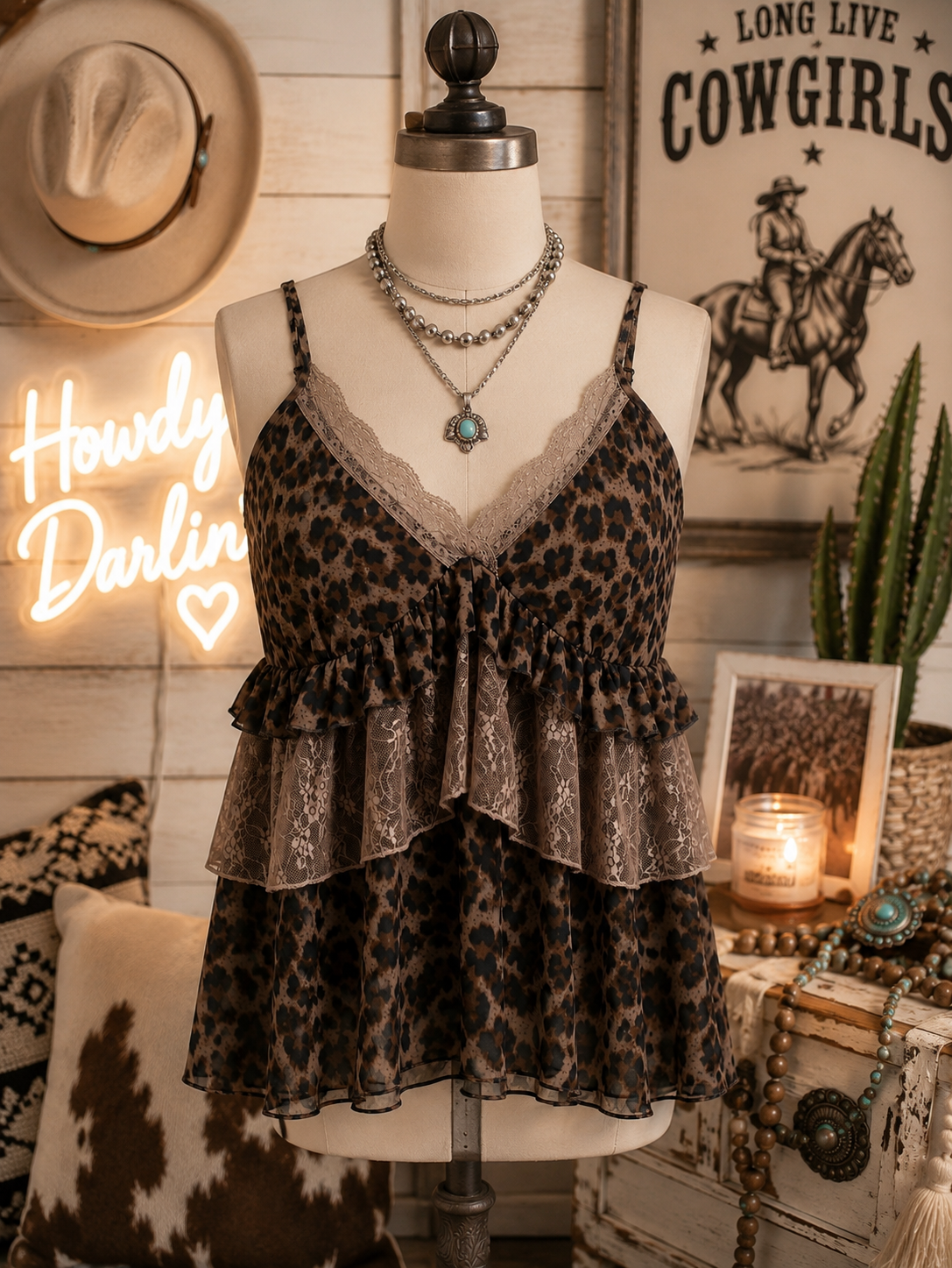 Leopard Lace Ruffle Layered Tank Top