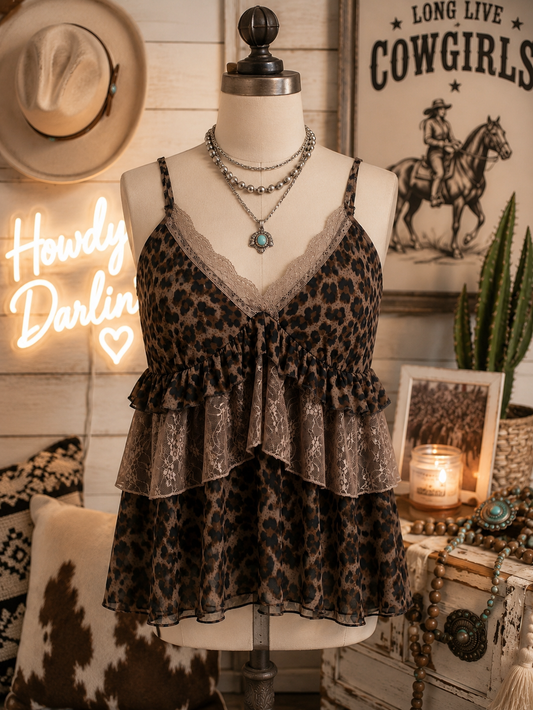 Leopard Lace Ruffle Layered Tank Top