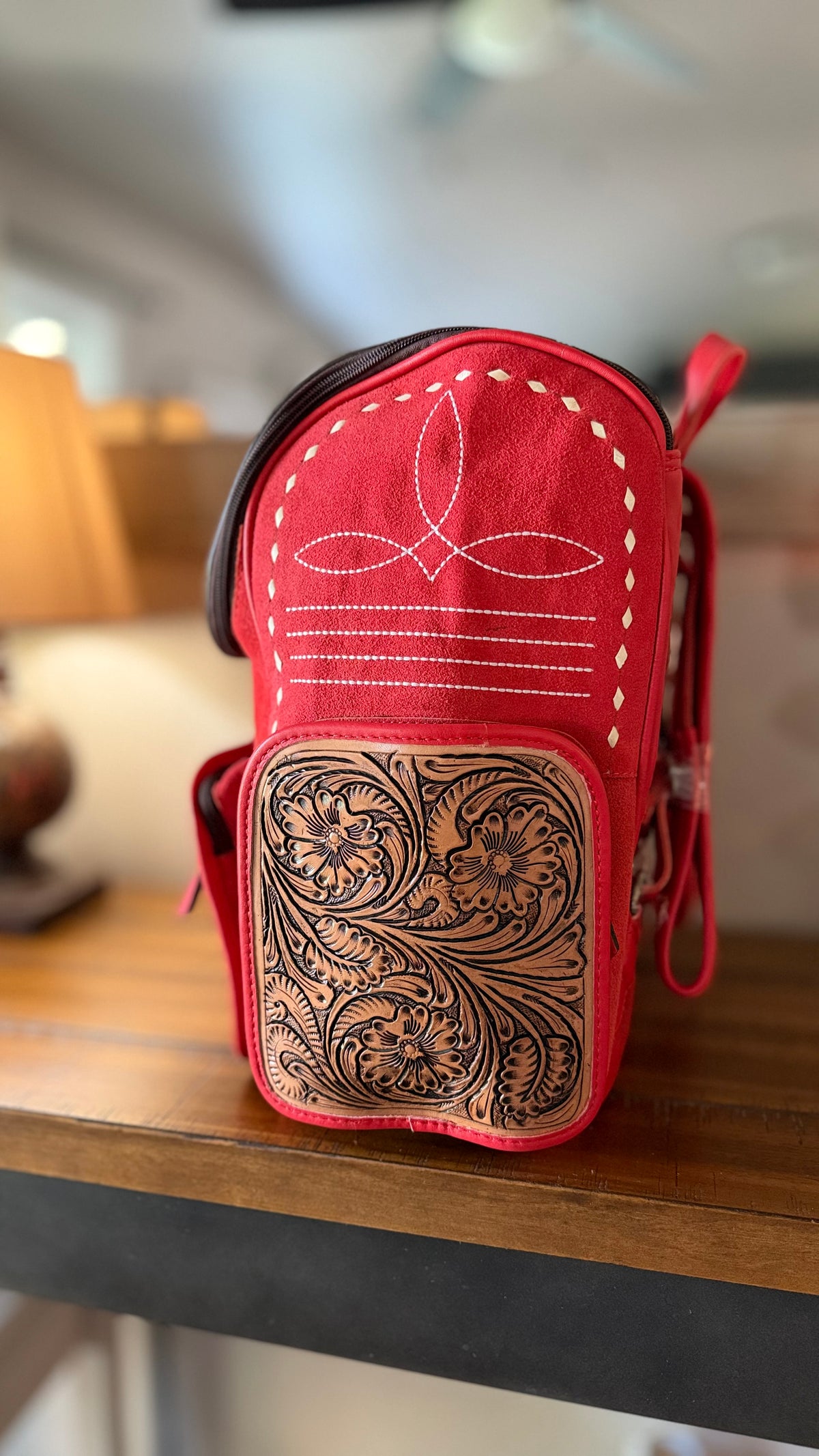 Red Suede Boot Stitch Backpack