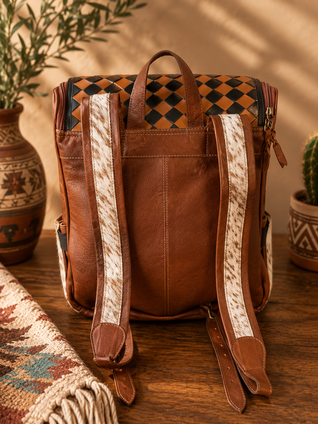 Brown Checkered Tooled Leather & Cowhide Backpack - Tan + White
