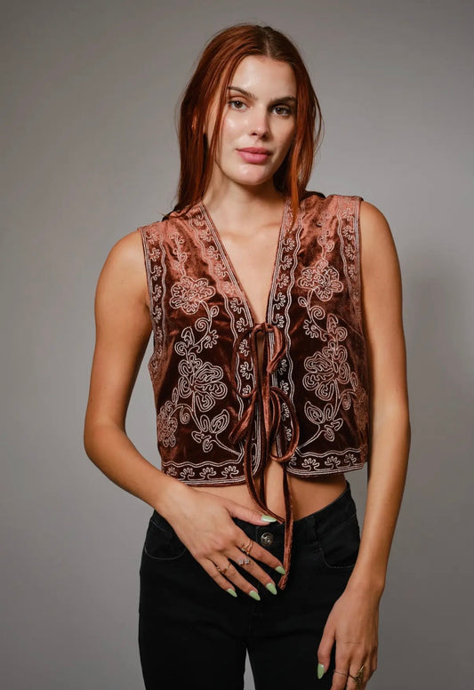 Embroidered Velvet Vest - Brown