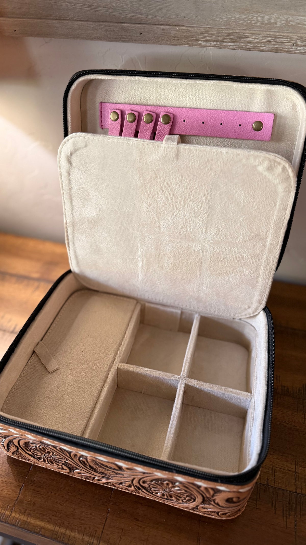 Pink Boot Stitch & Tooled Leather Jewelry Box