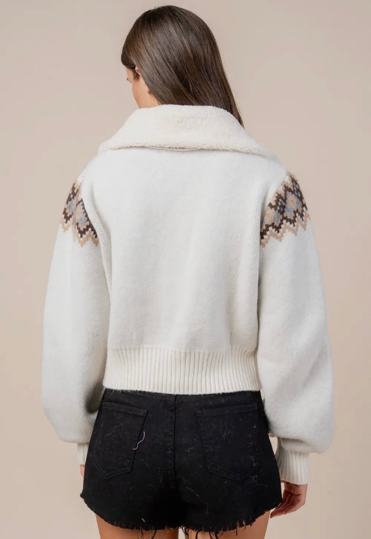 Wild Stallion Zip Front Cardigan Sweater with Fur Collar - Oatmeal
