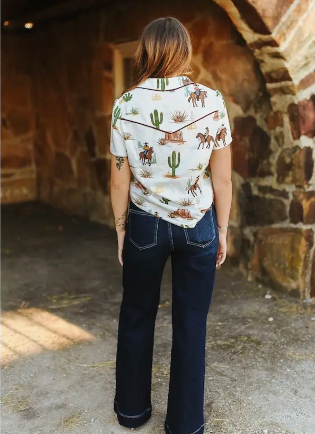 Dark Wash Stretch Denim Western Wide Leg Jeans