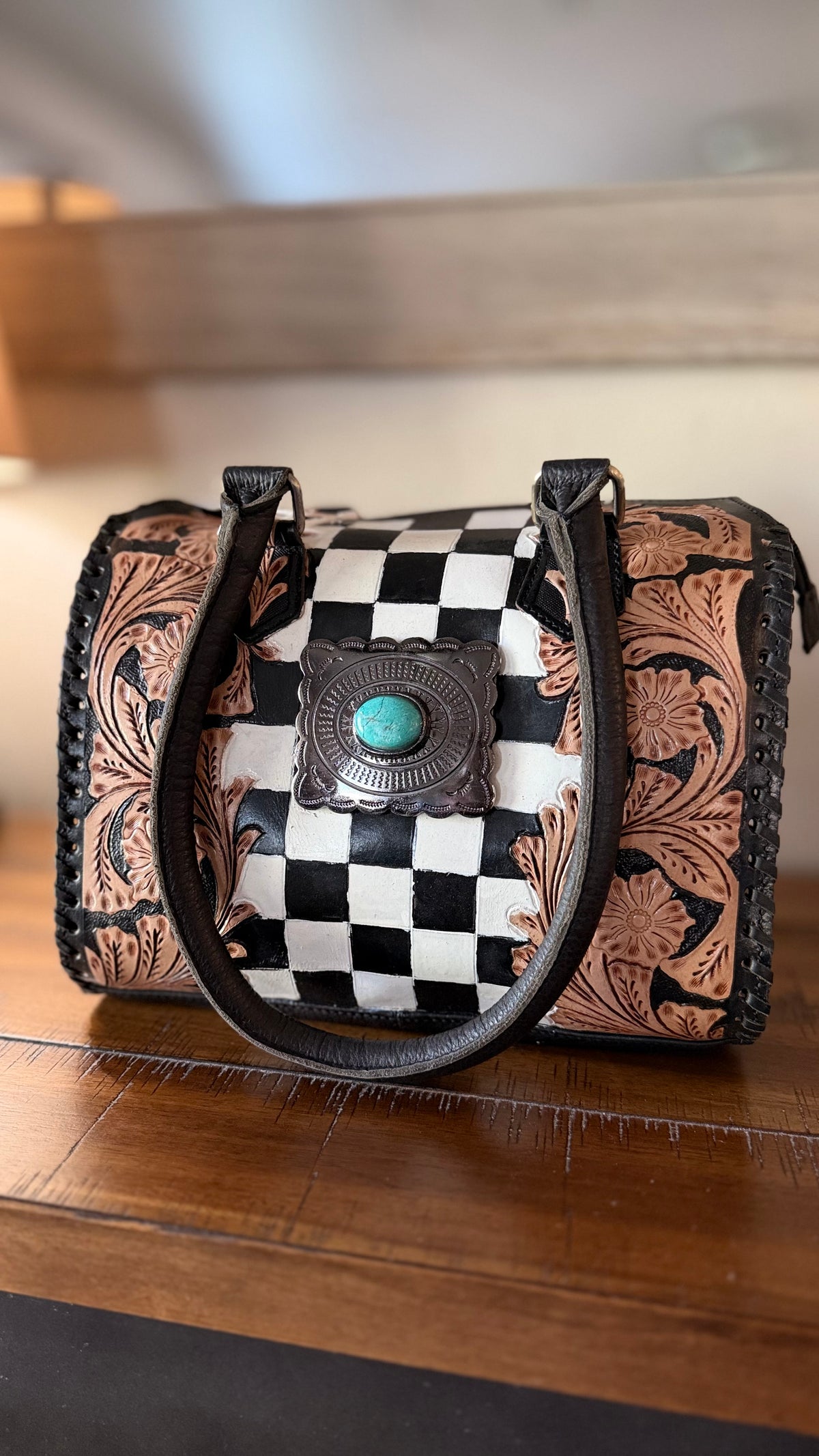 Checkered Tooled Leather Speedy Bag
