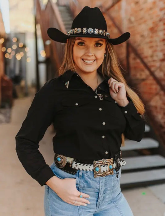 Western Pearl Snap Concho Tip Collar Shirt - Black