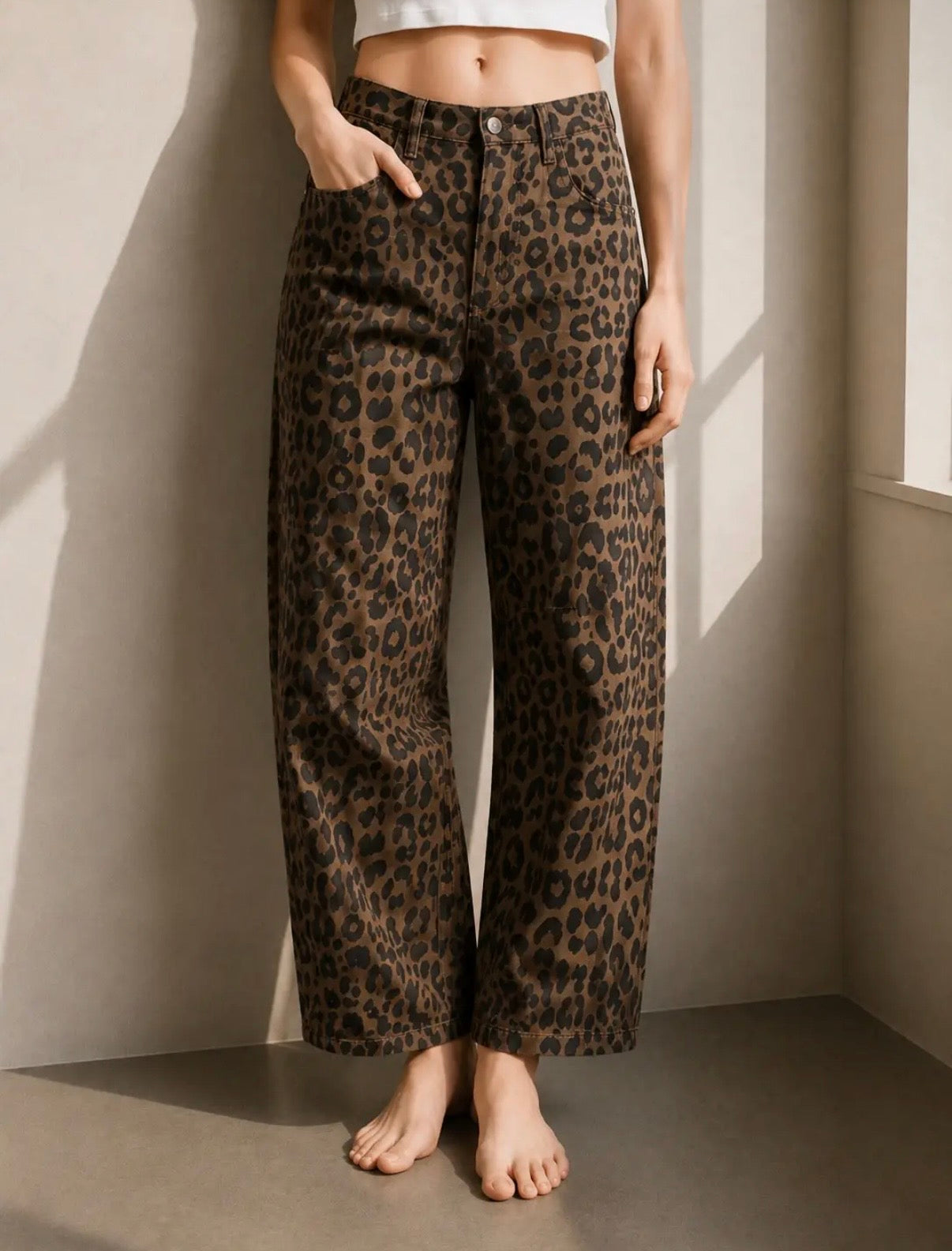 Leopard Print Barrel Jeans