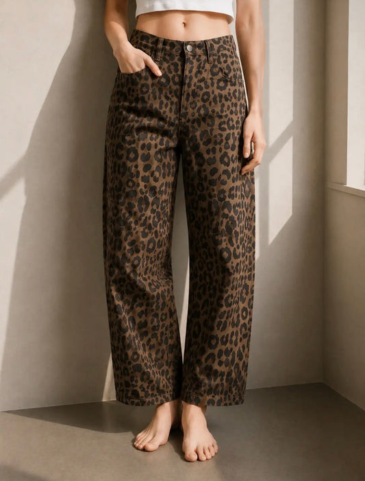 Leopard Print Barrel Jeans