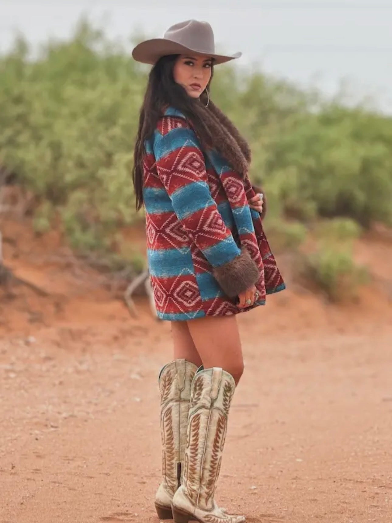 Jade Deep Red Aztec Wool Blend Removable Fur Coat