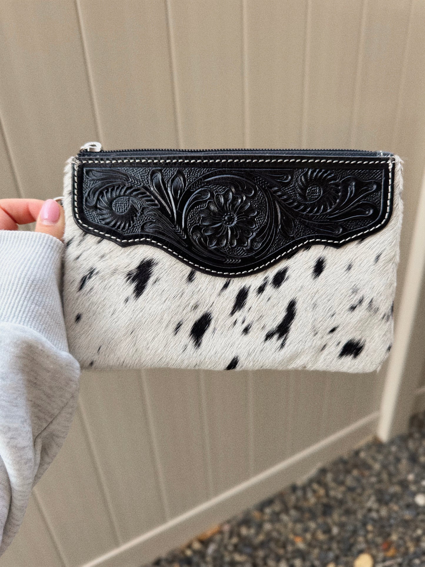 Lexie Cowhide Wristlet Western Purse Bag - Black + White
