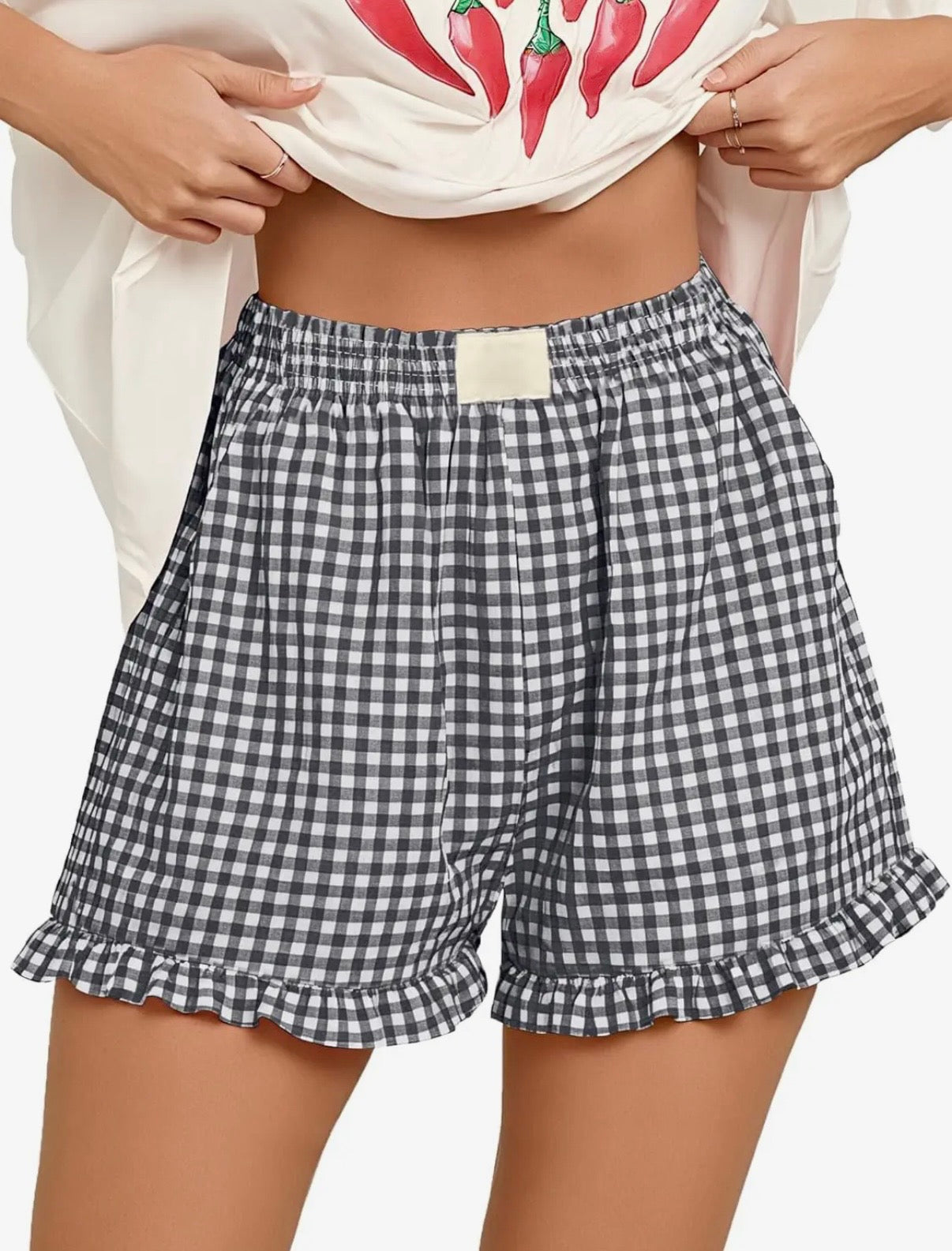 Plaid Shorts w/ Ruffle Hem - Black