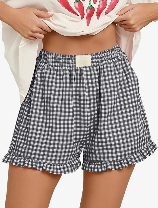 Plaid Shorts w/ Ruffle Hem - Black