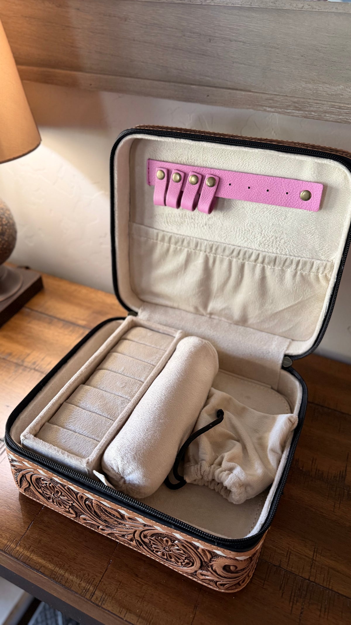 Pink Boot Stitch & Tooled Leather Jewelry Box