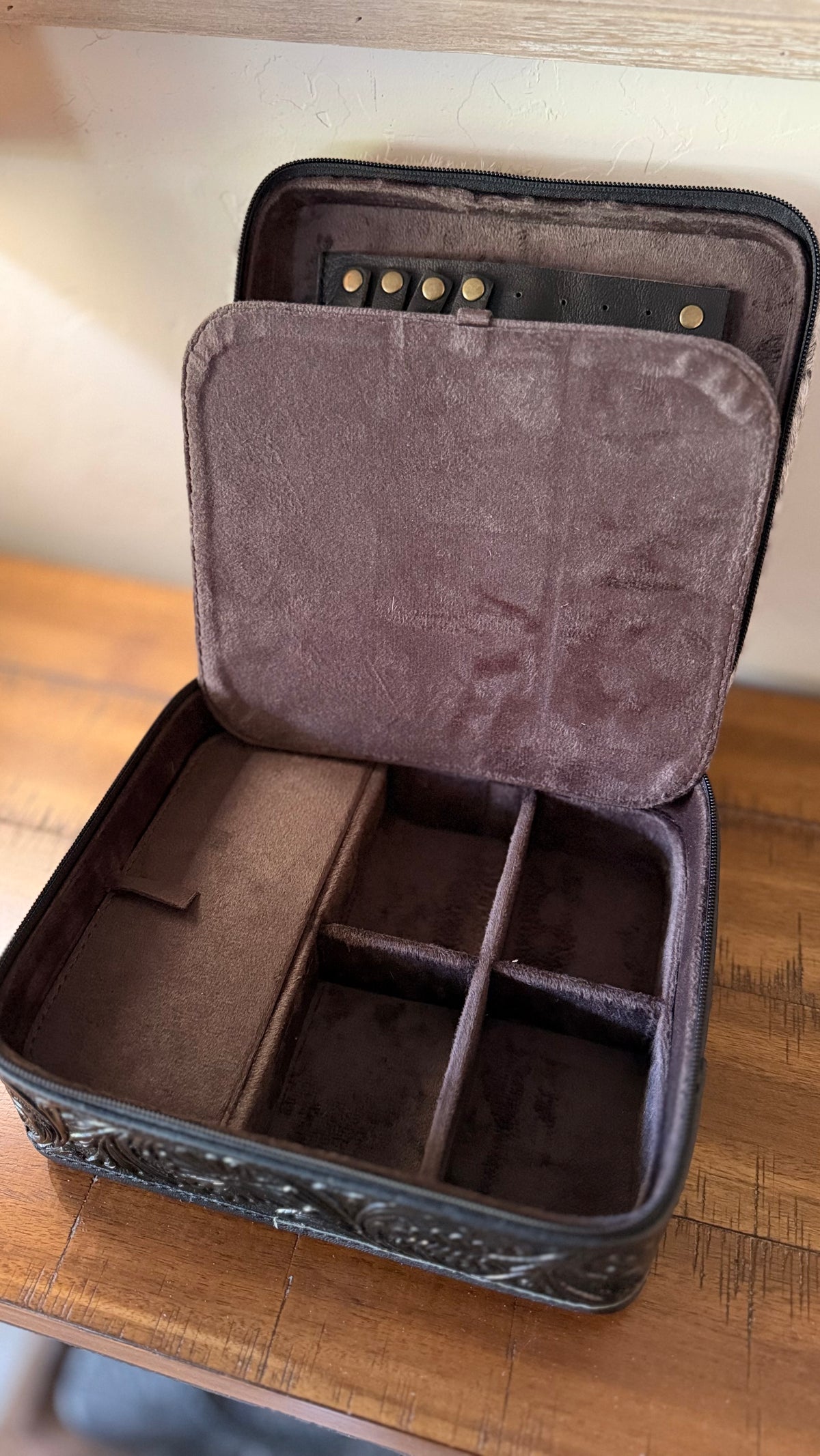 Black Tooled Leather & Cowhide Jewelry Box