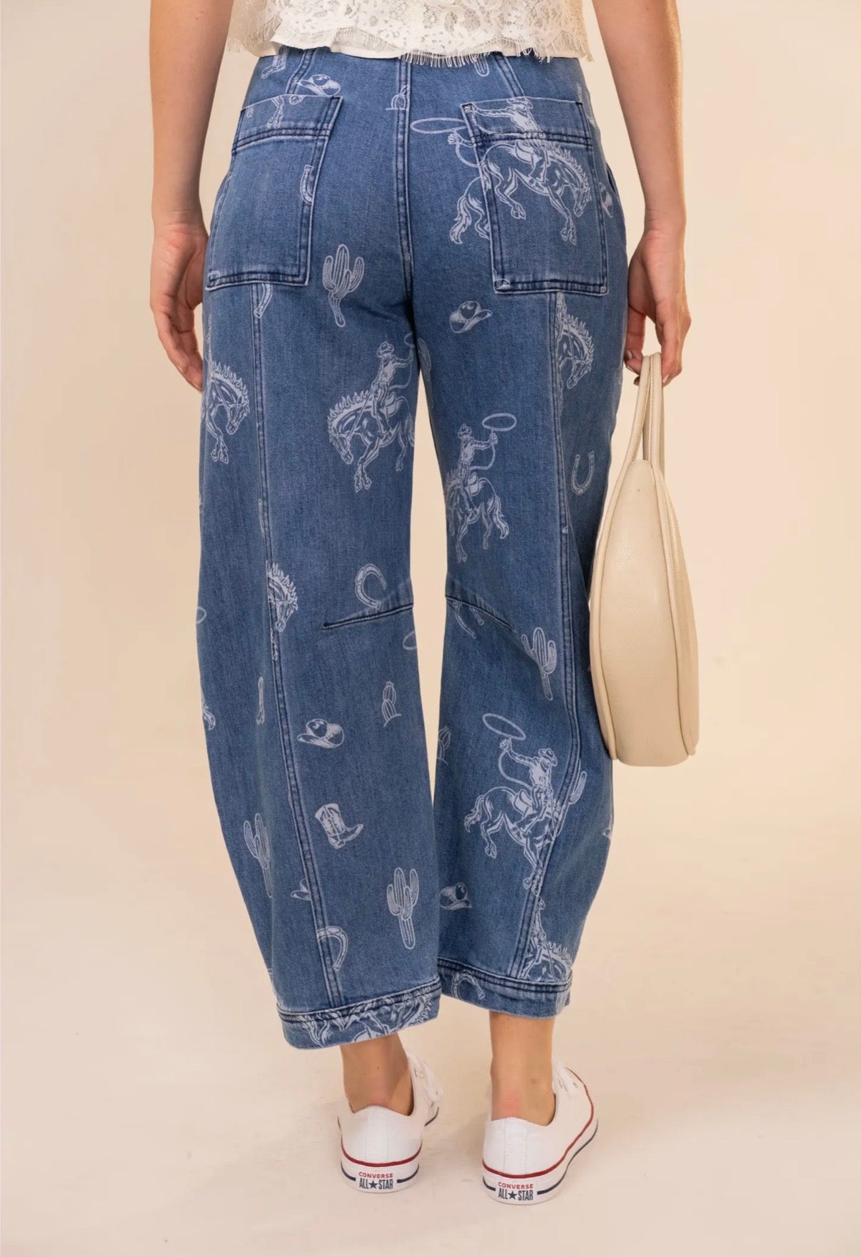 Western Print Barrel Leg Denim Jean