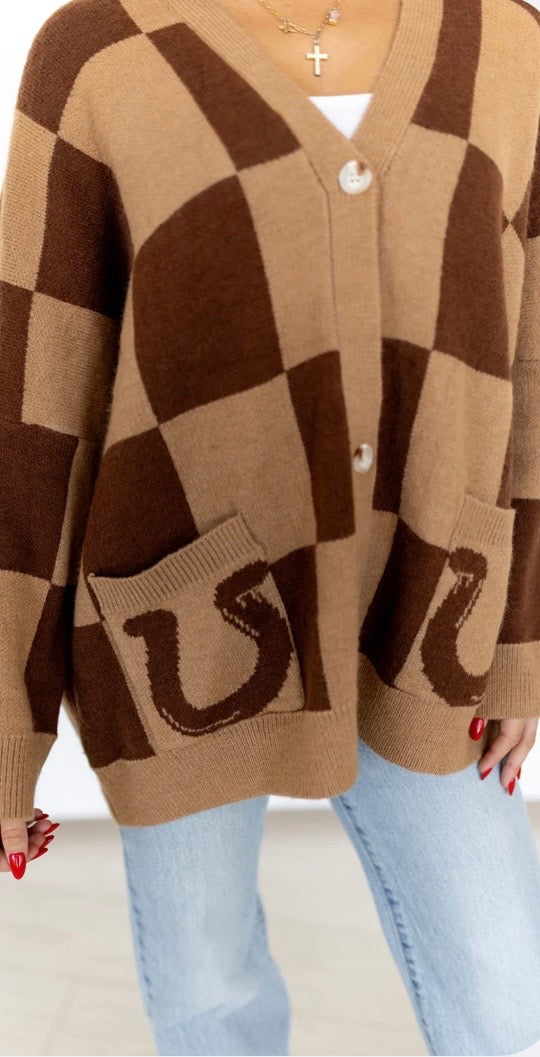 Brown Checkered Horseshoe Cardigan