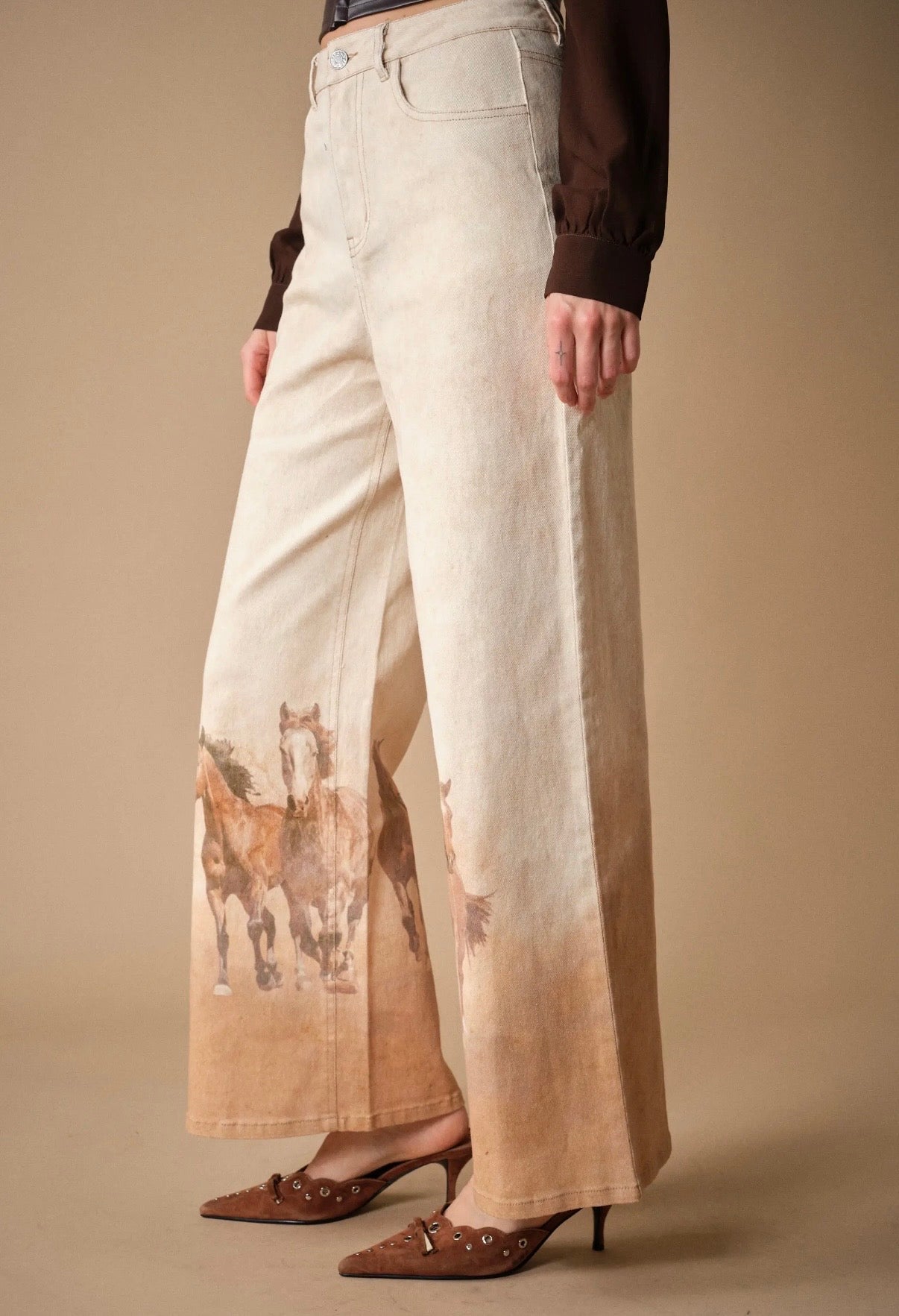 Western Horse Print Wide Leg Jeans - Tan