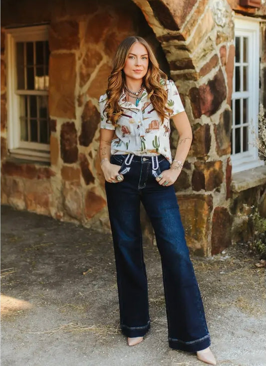 Dark Wash Stretch Denim Western Wide Leg Jeans