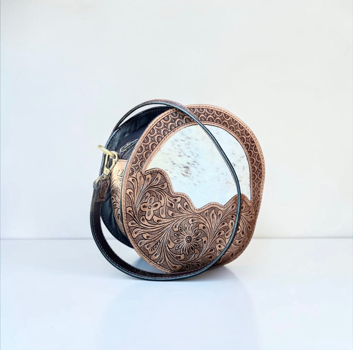 Brown Cowhide & Tooled Leather Canteen Bag