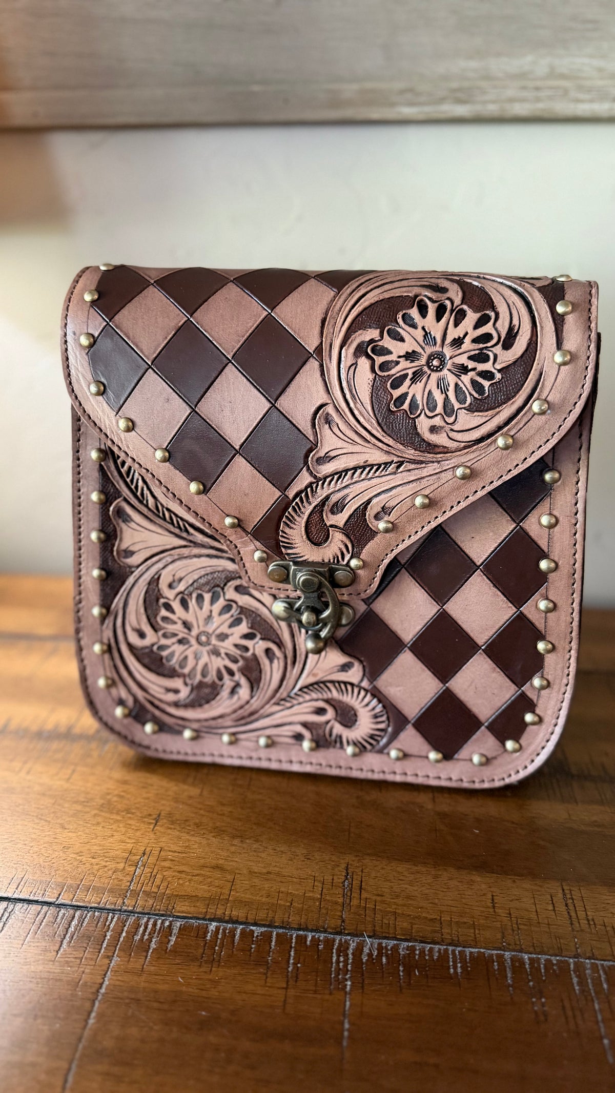 Remington Tooled Leather Checkered Handbag