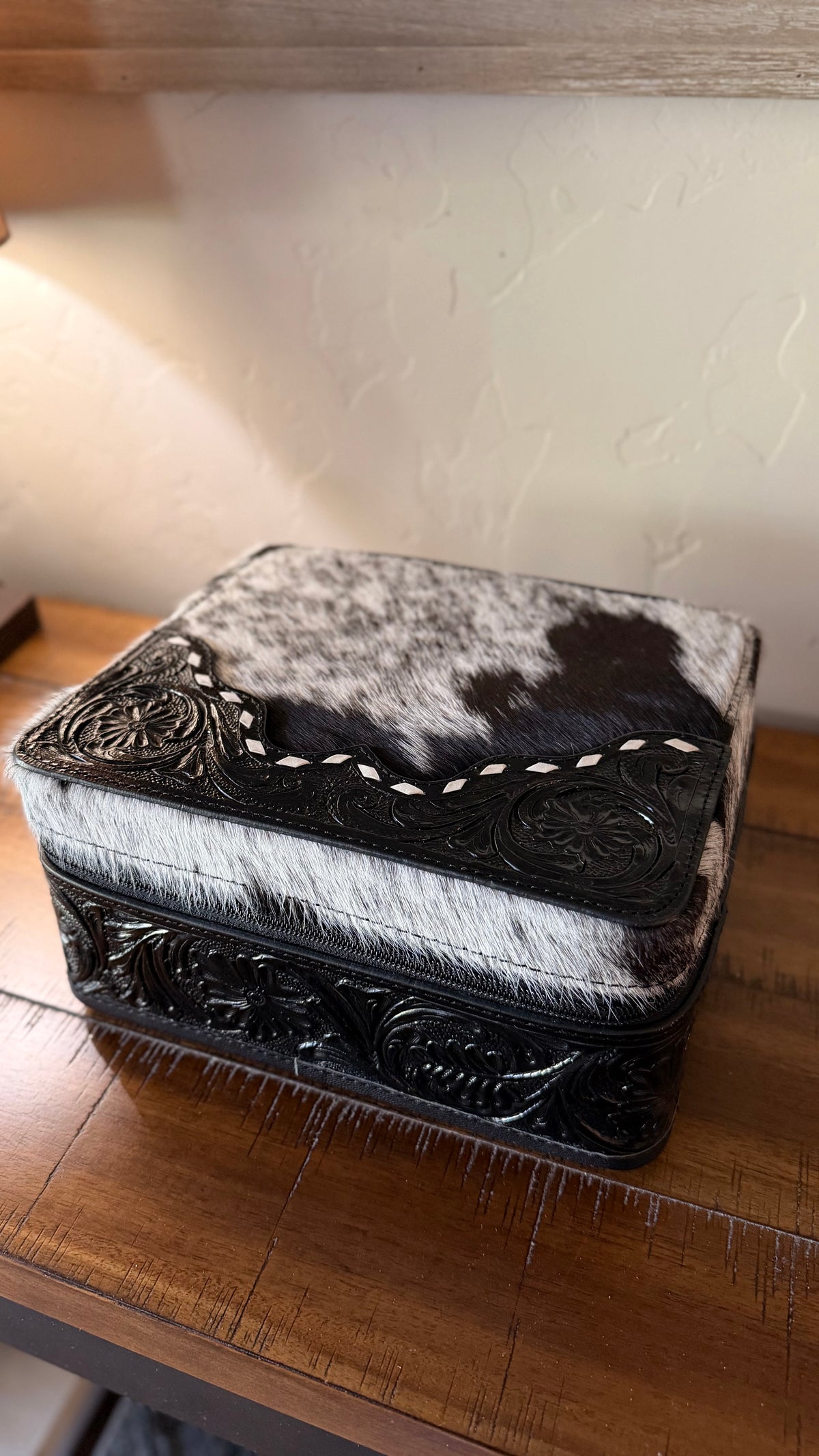 Black Tooled Leather & Cowhide Jewelry Box