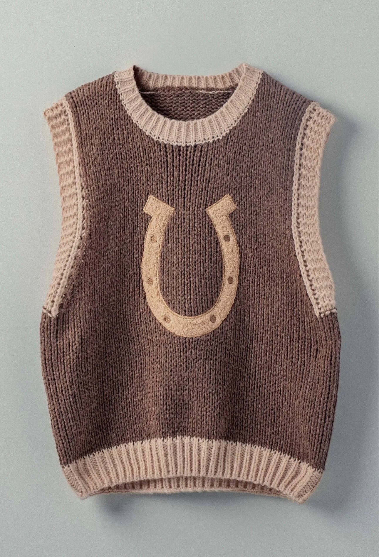 Western Horseshoe Crochet Knit Sweater Vest - Brown